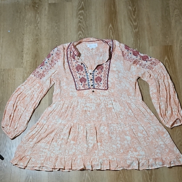Anthropologie Pink Puff Sleeve Tunic with Mandarin Collar - Picture 4 of 6